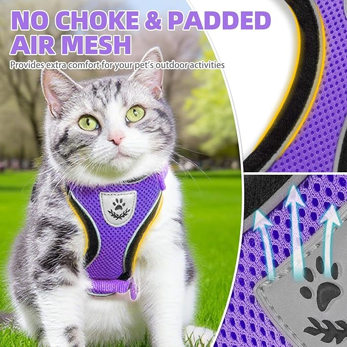 PUPTECK Cat Harness and Leash Set Escape Proof Reflective Cat Walking Harness Adjustable Soft Breathable Mesh Vest for Small Pets, Purple, S