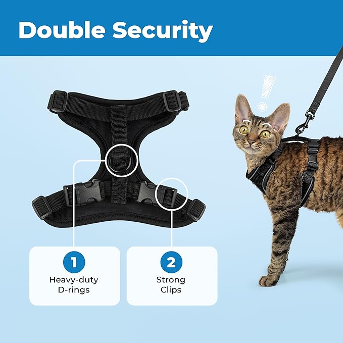 Voyager Escape-Proof Step-in Lock Cat Harness & 5ft Neoprene-Handle Leash Set All-Weather Mesh with Reflective Stitching for Small to Large Cats by Best Pet Supplies, Black (327), XXXS