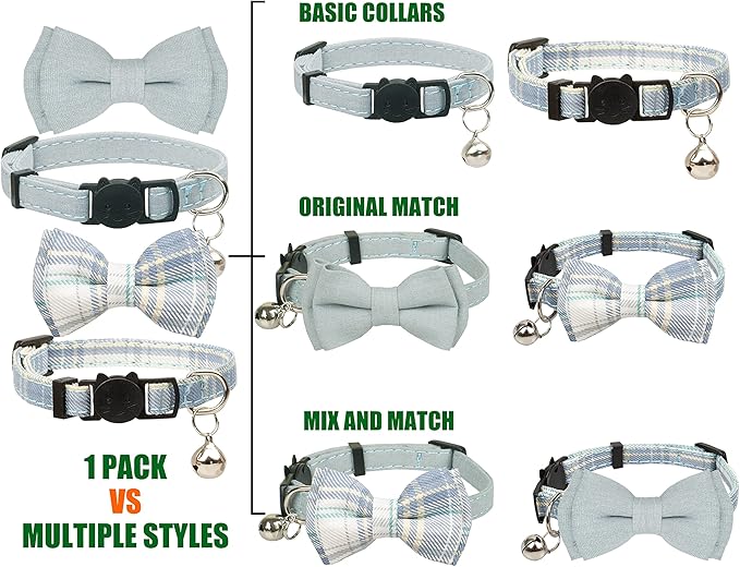 Cat Collar Breakaway Bowtie Safety with Bell Adjustbale Kitten Puppy Solid Plaid Color Set D-[2pcs] Blue
