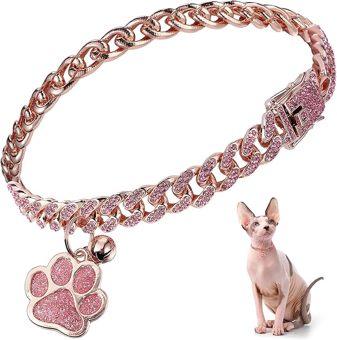 Hillban Cat Collar Diamond Chain Glitter Collar Walking Metal with Secure Buckle Cat Pet Necklace with Paw Charm and ID Tag Bell Link Cuban Jewelry Accessories Gift(10 Inch,Rose Gold, Pink)