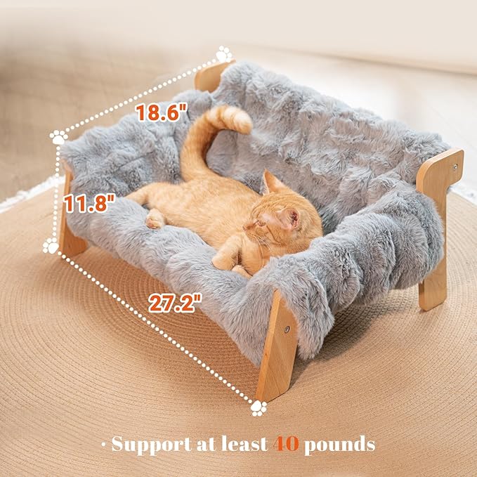 CHEERHOME PETS Elevated Cat Couch Bed for Indoor, Wooden Cats Sofa with Washable Fluffy Cover Raised Kitty Lounge Chair Suitable for Puppy(Cat Sofa,Dark Grey-Blue)