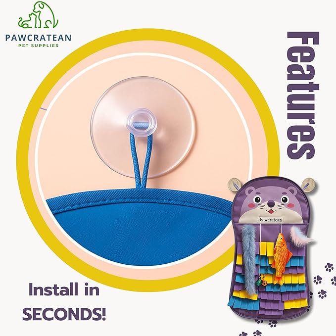27 Inch Soft Felt Fringe Cat Wall Mat with Charms – Purple Bear Vertical Play Pad & Storage Pocket (Purple Bear)