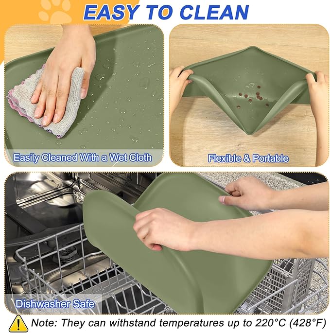 Silicone Pet Feeding Mat with Raised Edge for Food and Water, Dog Bowl Mats, Cat Bowls Placemat with High Lip for Floor Waterproof, Rubber Tray for Cats and Dogs 22 x 14 x0.8 Light Olive Green