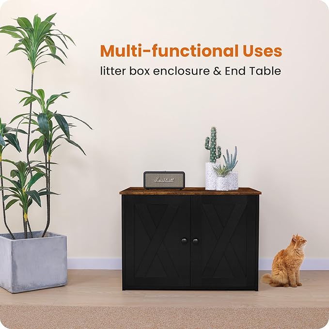 Dwanton Litter Box Enclosure, Cat Litter Box Furniture Hidden, Reversible Entrance Can Be on Left or Right Side, Wooden Cat Washroom Indoor, Black and Rustic Brown, 27.6 Inches