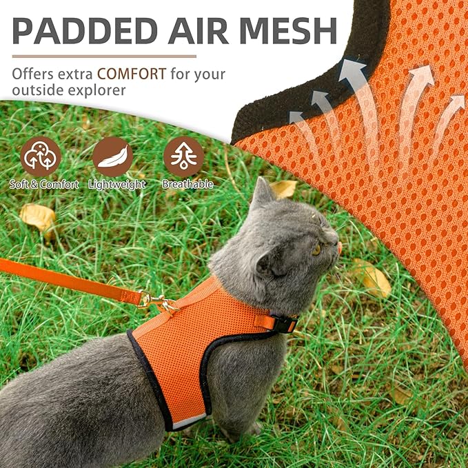 PUPTECK Soft Mesh Cat Vest Harness and Leash Set Puppy Padded Pet Harnesses Escape Proof for Cats Small Dogs Rabbits Bunny, Orange M