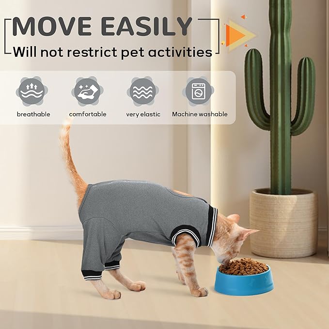 PUMYPOREITY Cat Recovery Suit for Hind Legs, Cat Surgical Spay Suit with Leg Sleeves to Stop Licking, Long Rear Sleeve Wound Cover Abdomen Kitten Onesie, Grey, L