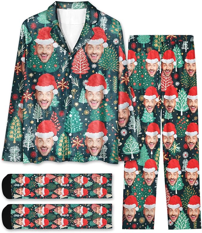 Custom Face Pajamas for Women Men,Personalized Dog Cat Pet Pajamas Set,Christmas Long Sleeve Sleepwear Pjs