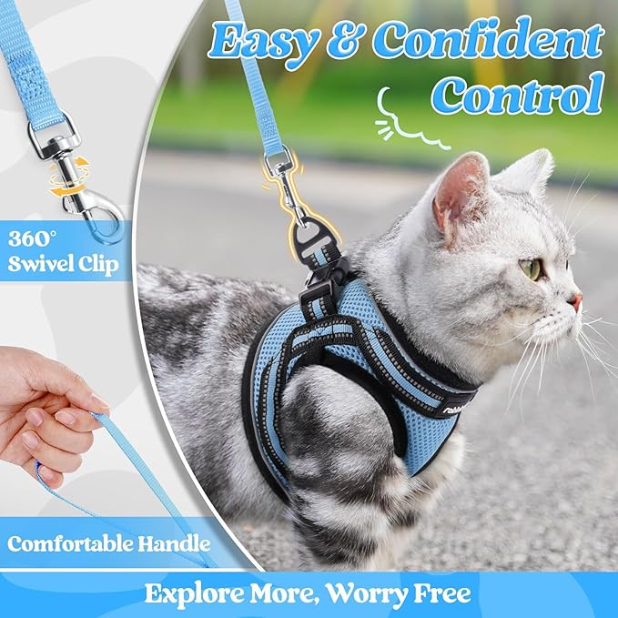 rabbitgoo Cat Harness and Leash Set for Walking Escape Proof, Adjustable Soft Kittens Vest with Reflective Strip for Cats, Comfortable Outdoor Vest, Light Blue, M