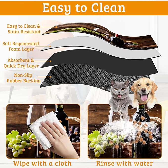 Pet Feeding Mat,Red Wine Absorbent Dog Cat Food Mat Grape Wood Dog Mat with Rubber Backing,Non-Slip Water Bowl Placemat,Pet Supplies 16" x 24"