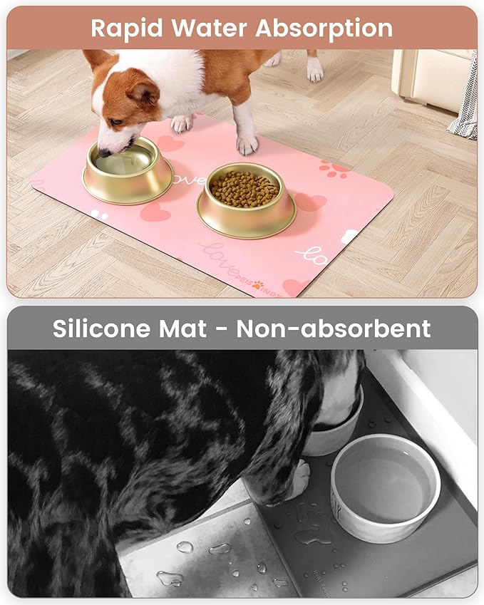 Cat Dog Food Mat, Rapid Water Absorption Dog Mat for Food and Water,100% Waterproof Cat Dog Bowl Mat,16"x24"-Pink