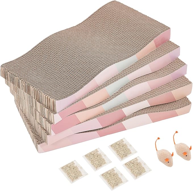 Cat Scratching Pads Cardboard Cat Scratchers for Indoor Cats Reversible Large Wide Corrugated with Catnip and Mini Toy(5pcs)