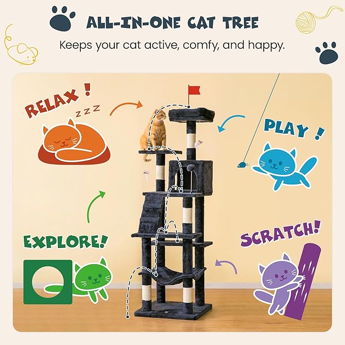 MWPO 63.8 inches Multi-Level Cat Tree for Large Cats with Sisal-Covered Scratching Posts, Padded Platform, Hammock and Condo,Stable Cat Tower Cat Condo Pet Play House-Smoky Gray
