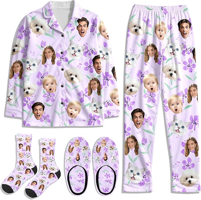 Artsadd Custom Pajamas for Women Men Family, Personalized Face Pjs Pajama Pants, Funny Pet Photo Loungewear Sleepwear Jammies