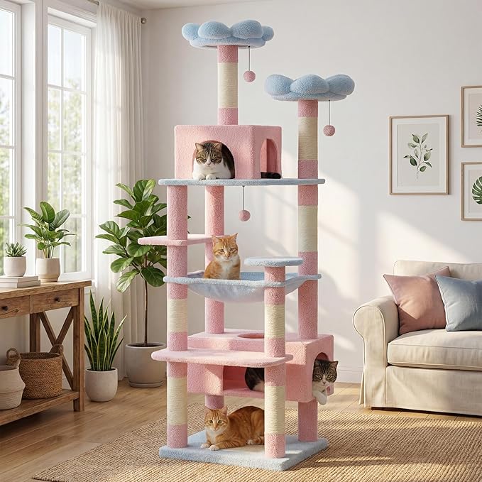 PAWZ Road Flower Cat Tree, 72 Inches Large Cat Tower with Steel Frame Hammock and 7 Scratching Posts, Tall Cat Tree with 2 Condos and Perches for Large Indoor Cats - Blue