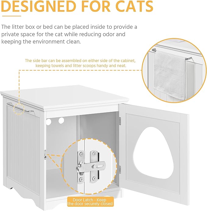 Yaheetech Cat Litter Box Enclosure, Litter Box Furniture Hidden with Towel Bar, Wooden Pet Washroom, Dog Proof Cat Litter Box Cabinet, Indoor Cat House, Side End Table, White