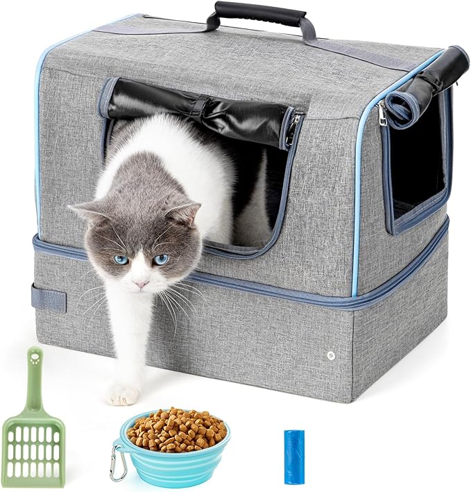 Cat Enclosed Travel Litter Box Kit with Lid Odorless Dustless, Lightweight Cat Portable Foldable Litter Box for Indoor and Car