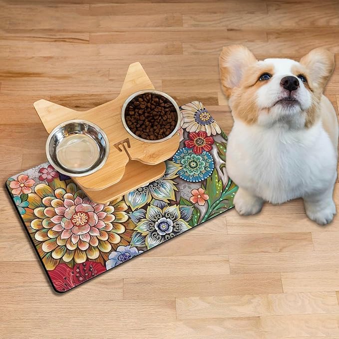 Absorbent Pet Dog Bowl Mat for Food and Water, Pet Cat Food Feeding Mat with Non Slip Rubber Backing, Dog Food Mats for Floors Waterproof, 17"x30"