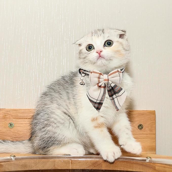 ADOGGYGO Plaid Cat Collars with Removable Bow Tie Bell, 2 Pack Beige Blue Plaid Kitten Bow Collar for Cats Kittens