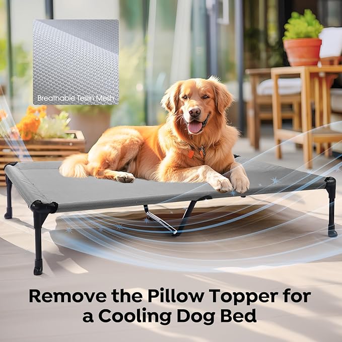 Veehoo Cooling Elevated Dog Bed Add Removable Waterproof Bolster Cushion Mat, Raised Pet Cot with Breathable Teslin Mesh, No-Slip Feet, Dog Couch Bed for Indoor Outdoor, 49x33inches, Grey, CWC2331B