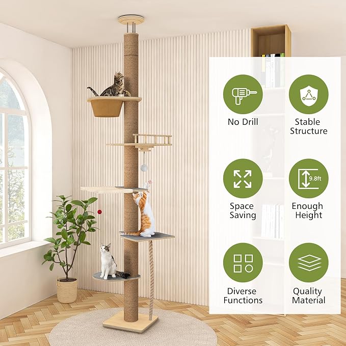 Floor to Ceiling Cat Tree, 5 Tier Cat Tower Adjustable Height (82-120 in), Tall Climbing Tree with Perches, Hammock, Scratching Post, Bed, Ball Toys, Solid Structure and Neutral Color Fit Home Decor