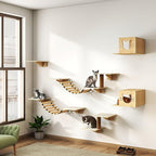 COZIWOW Cat Wall Shelves, 8-In-1 Cat Wall Furniture Set, Wood Large Cat Shelves for Wall with Scratching Post, Indoor Cat Climbing Wall Activity Center for Climb, Play, Rest, and Scratch, Natural Wood