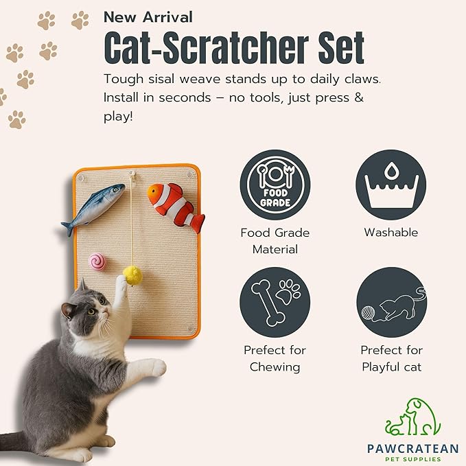 28 Inch Cat Wall Scratcher Pad with Toys – Hanging Sisal Scratch Board Kit for Indoor Cats, Includes Catnip Fish & Teaser Ball (Light Brown)