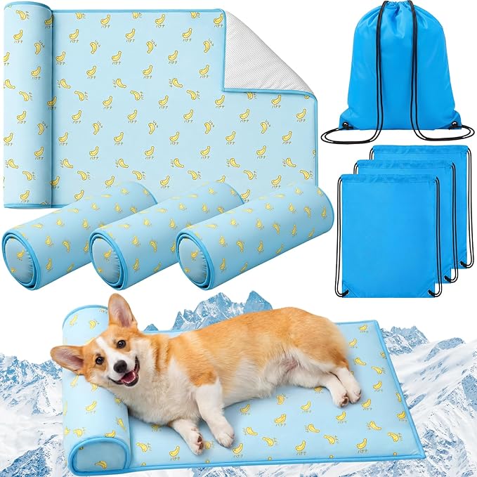 4 Pack Cooling Dog Mats with Supportive Pillow 23.6" x 31.5" Self Cooling Dog Pads Ice Silk Washable Pet Cool Mat Summer Cat Sleeping Pad with Storage Bag for Crate Bed Floor (Large, Blue)