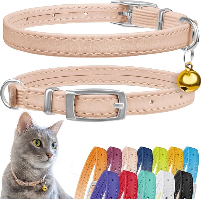 CollarDirect Leather Cat Collar with Bell - Kitten Small and Big Cat Collar for Boy Cats, Girl Cats with Safety Elastic Strap (Neck Fit 6"-7", Beige)