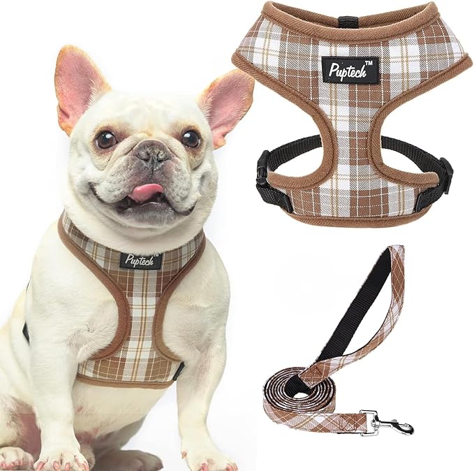 PUPTECK Soft Mesh Dog Harness and Leash Set Pet Puppy Cat Comfort Padded Vest No Pull Harnesses, Brown, S