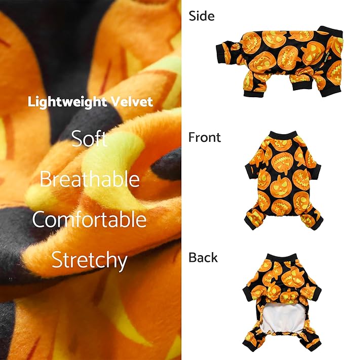 Fitwarm Halloween Pumpkin Dog Pajamas, Funny Dog Winter Clothes for Small Dogs Girl Boy, Pet Jumpsuit, Cat Halloween Costumes with Feet, Lightweight Velvet, Black, Orange, Medium