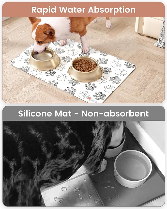 Cat Dog Food Mat, Rapid Water Absorption Dog Mat for Food and Water,100% Waterproof Cat Dog Bowl Mat,16"x24"-White