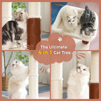 Cat Tree Tower for Large Cats Cat Scratching Post with Cat Self Groomer, 20x15.7” Wide Top Bed, Thick Scratch Post [Dia=4.5”] and Danging Ball Great for Indoor Cats-Large Beige