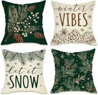 Fahrendom Winter Vibes Green Decorative Throw Pillow Covers 18 x 18 Set of 4, Let It Snow Pine Cones Needle Berry Porch Patio Outdoor Pillowcase, Christmas Seasonal Sofa Couch Cushion Case Home Decor