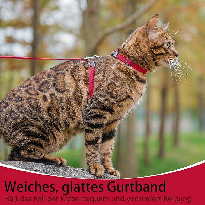 PUPTECK Adjustable Cat Harness and Leash Set Escape Proof Kitten Strap Collar for Walking Travel, Red, M