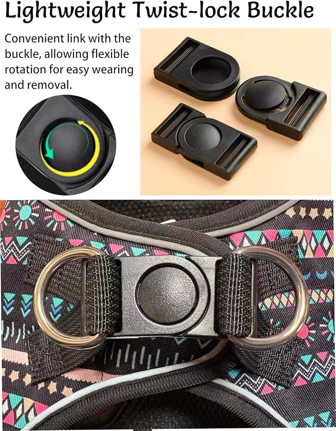 Step in Dog Harness and Leash Set, Reflective Adjustable No Pull Dog Harness for Small Medium Dogs Puppy and Cats, Soft Padded Mesh Vest Harnesses for Girl and Boy Pets(Black Bohemia,L)