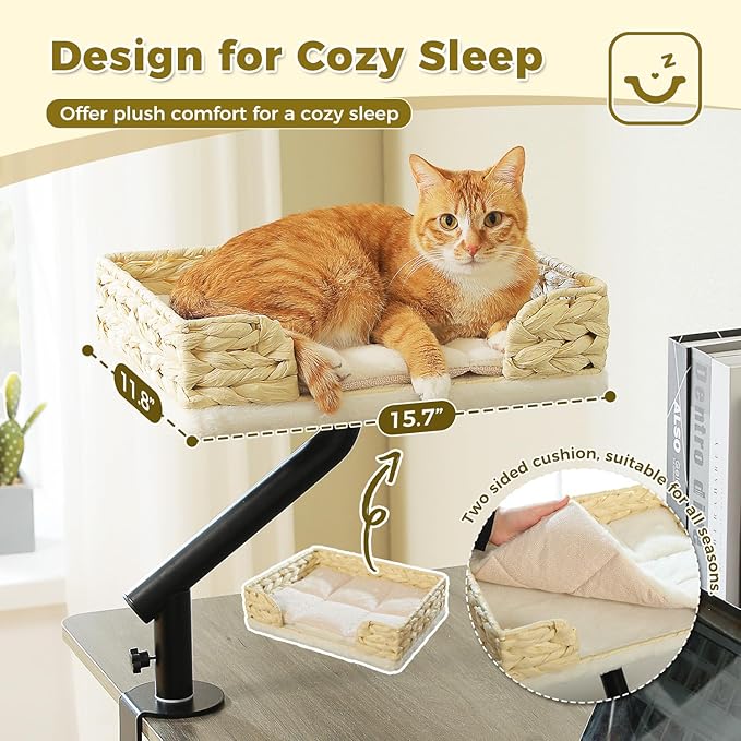 PAWZ Road Cat Desk Bed for Indoor Cats, Wicker Cat Bed for Desk Supports Up to 50 lbs, 360° Rotation & Adjustable Soft Plush Cats Hammock for Desktop, White