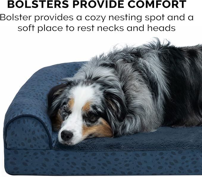 Furhaven Cooling Gel Dog Bed for Large Dogs w/ Removable Bolsters & Washable Cover, For Dogs Up to 95 lbs - Plush & Almond Print L Shaped Chaise - Blue Almonds, Jumbo/XL