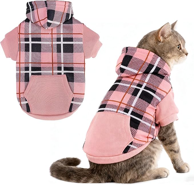 EXPAWLORER Plaid Cat Hoodie - British Style Warm Cat Sweater Shirt with Leash Hole,Pet Clothes Outfits,Winter Coat Apparel for Puppy Cats Girl Boy-Kitten Apparel,Pink M