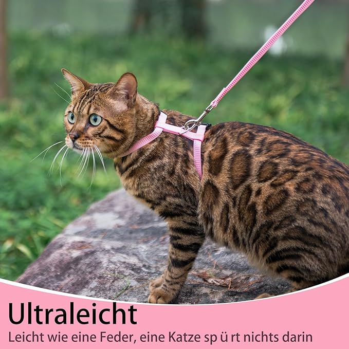 PUPTECK Adjustable Cat Harness and Leash Set Escape Proof Kitten Strap Collar for Walking Travel, Light Pink