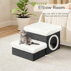 B FSOBEIIALEO Cat House Pet Stairs for Beds Sofa, Foldable Dog Steps 2-Tier With Storage Toy Box, Small Indoor Pet Steps Grey 15.7x12.6x12.6 Inches