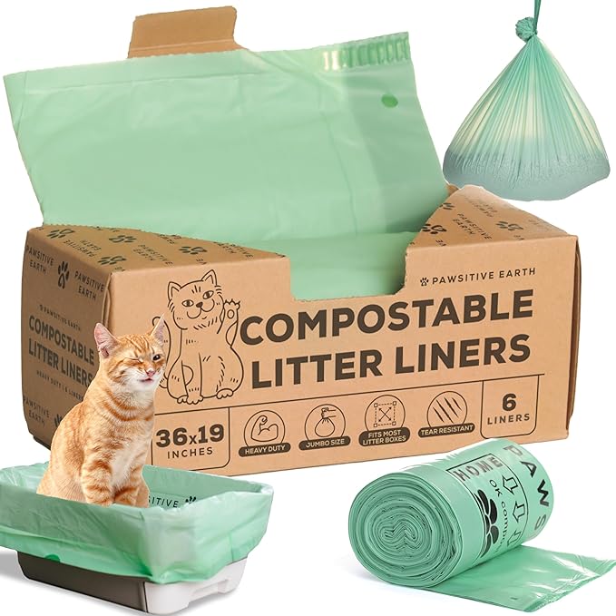 Cat Litter Box Liners 100% Compostable - Drawstring Close - 6 Count - Jumbo Size 36" x 19" - Tear & Leak Resistant - OK Compost Home Certified