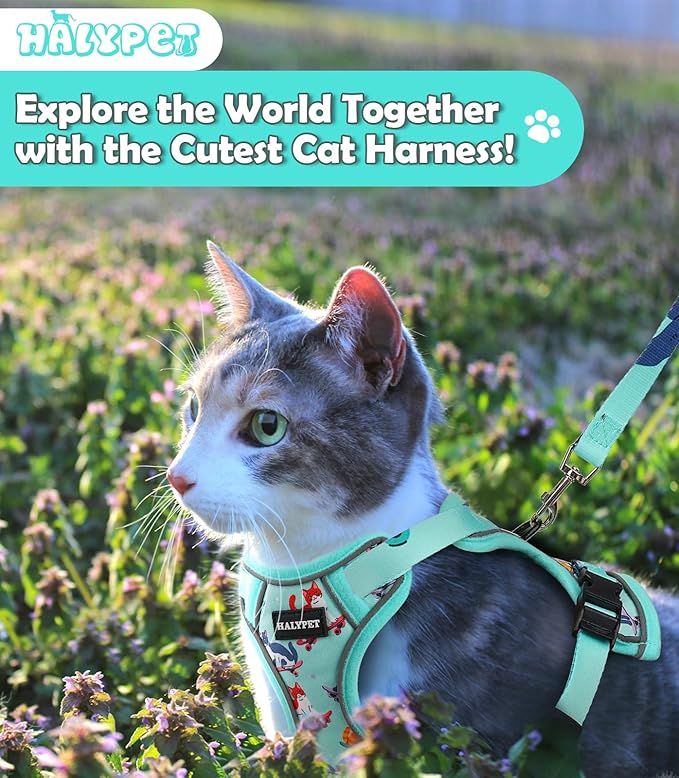 Halypet Cat Harness and Leash Set[MAX Safety 4th-Gen] Cute Escape Proof Vest Harness for Girl&Boy Cat Walking, Comfortable Adjustable Leash and Reflective Strips for Outdoor Kitten, M Purrfect Green