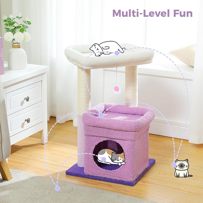 PEQULTI Cat Tree Flower Cat Tower for Indoor Cats with Private Cozy Cat Condo, Natural Sisal Scratching Posts and Plush Pom-pom for Small Cats, Purple