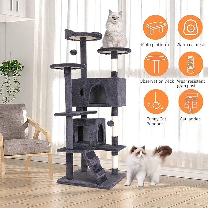 BestPet | 54" Cat Tree Tower | Ashy | Sturdy, Easy to Assemble, Multi-Level Activity Center with Sisal Scratching Posts, Condos, Perches, Hanging Cat Toys, Observation Decks & Ladder