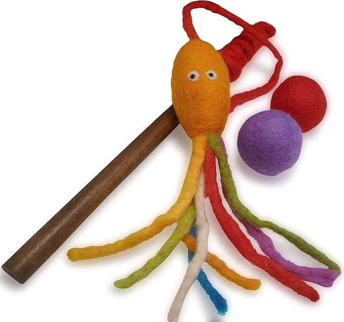 Wool Cat Toy - Felted Wool Rainbow Squid Fish Wand Toy Plus 2 Felt Ball Toys for Indoor Cats and Kittens (Cat Squid Toy)