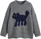 CIDER Women’s Cat Sweater Long Sleeve Crew Neck Fun Graphic Cute Patterned Chunky Pullover Sweater Tops