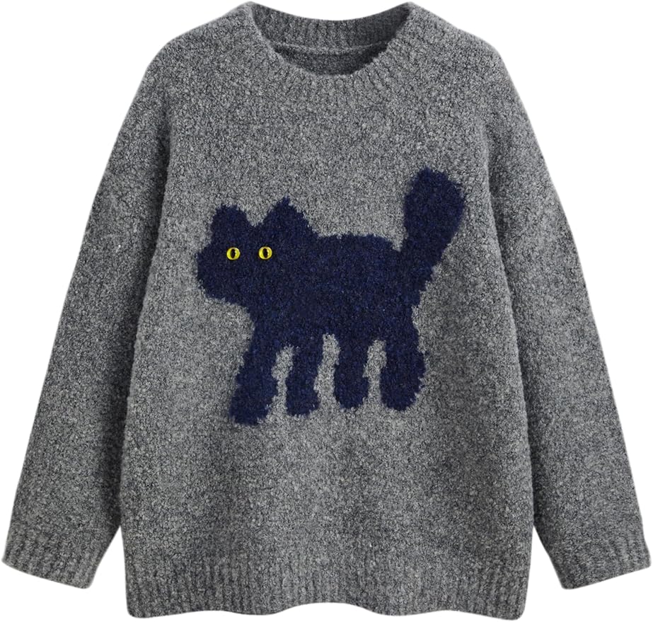 CIDER Women’s Cat Sweater Long Sleeve Crew Neck Fun Graphic Cute Patterned Chunky Pullover Sweater Tops