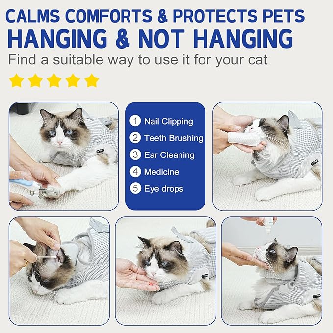 Supet Cat Grooming Hammock Harness for Nail Trimming, Cat Grooming Hanging Sling for Nail Clipping, Pet Restraint Holder for Cutting Nails, Medicine, Ear & Teeth Cleaning, Eye Care (Grey S)
