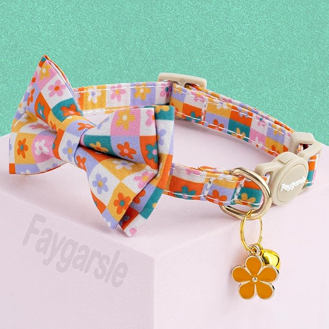 Faygarsle 2 Pack Floral Pattern Cat Collar Set with Bandana and Bow Tie, Breakaway Safety Buckle, Colorful Checkered Design