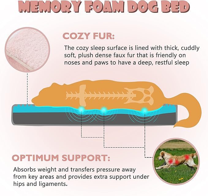 Memory Foam Large Dog Bed, Orthopedic Dog Crate Bed with Cooling Gel Foam, Waterproof Liner and Washable Cover, Joint Relief Pet Sleeping Bed for Medium Large Dogs (Pink)